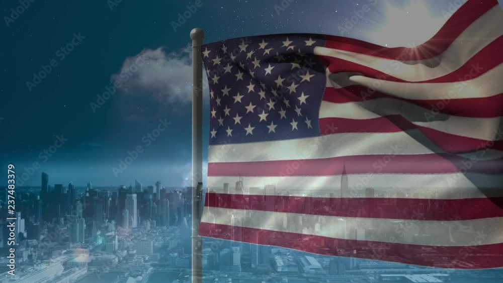 Digital animation of American flag swaying in the wind against the city  4k