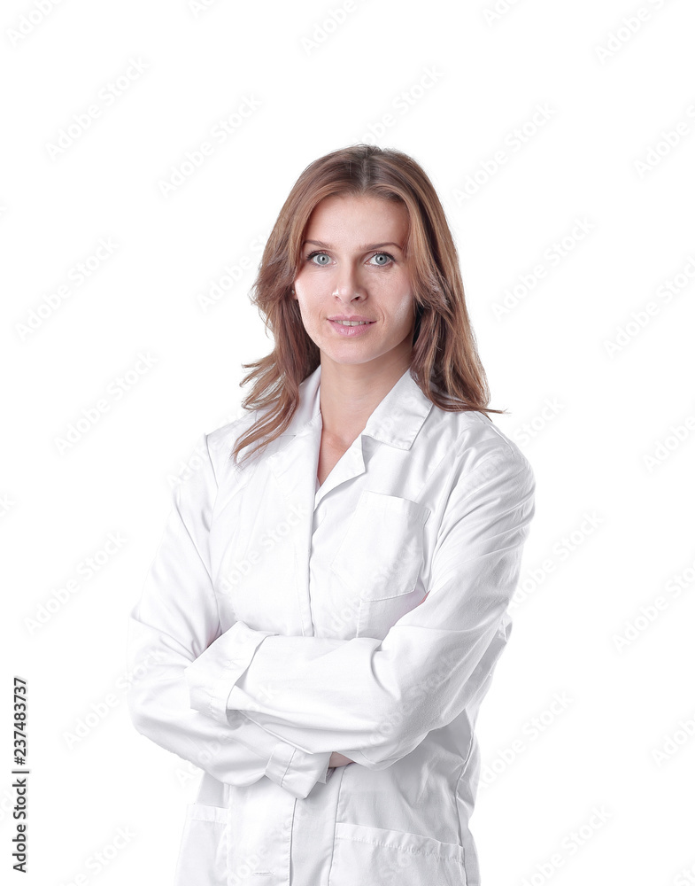 portrait of young woman doctor isolated on white. portrait of young woman doctor isolated on white.