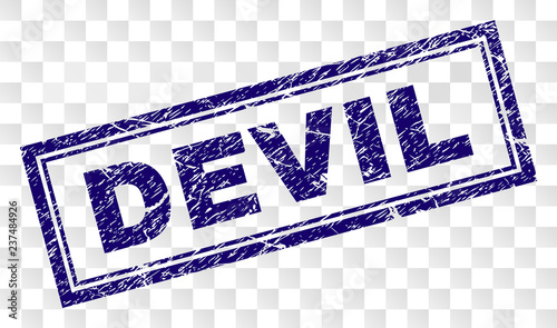 DEVIL stamp seal watermark with rubber print style and double framed rectangle shape. Stamp is placed on a transparent background. Blue vector rubber print of DEVIL label with dirty texture.