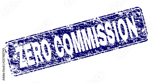 ZERO COMMISSION stamp seal watermark with grunge style. Seal shape is a rounded rectangle with frame. Blue vector rubber print of ZERO COMMISSION tag with grunge style.