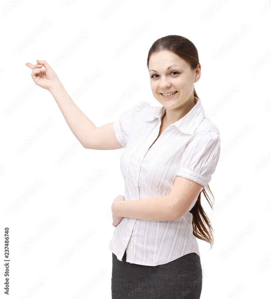 young female assistant showing on copy space. young female assistant showing on copy space.