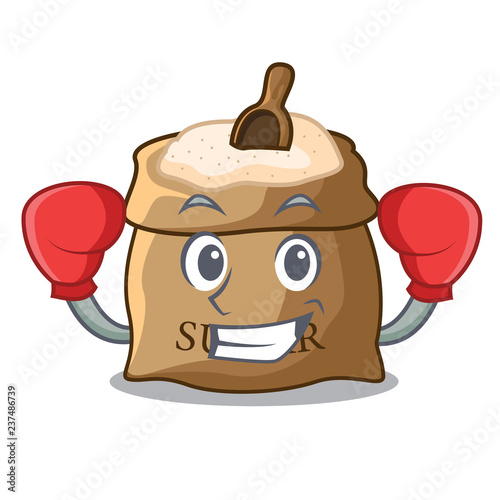 Boxing sugar with scoop cartoon in sack