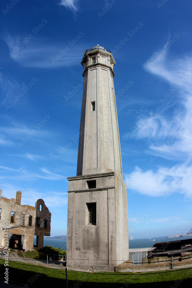 lighthouse tower used by the Coast Guard on Alcatraz island in San Francisco, California
