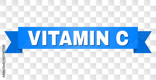 VITAMIN C text on a ribbon. Designed with white caption and blue stripe. Vector banner with VITAMIN C tag on a transparent background.