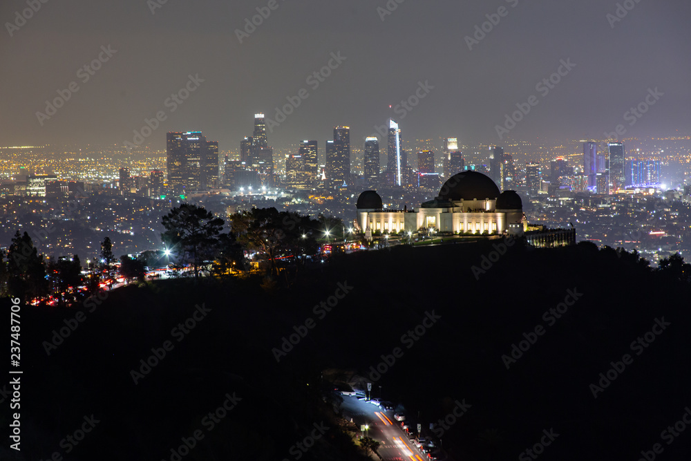 Los Angeles Panoramic Skyline at Night with Griffith Observatory in the foreground