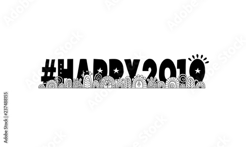 Hashtag happy 2019, doodles, swirls, stars and sparklers on a colored background, vector illustration.