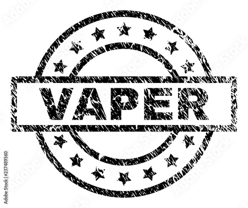 VAPER stamp seal watermark with distress style. Designed with rectangle, circles and stars. Black vector rubber print of VAPER text with dirty texture.