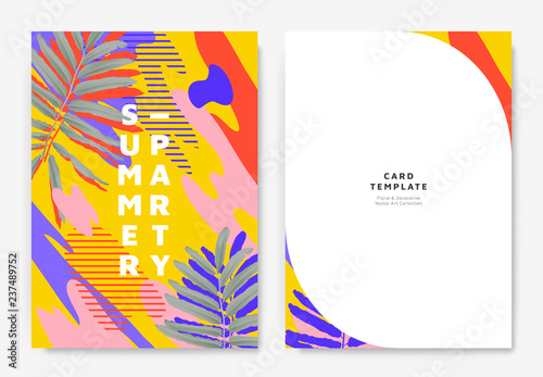 Botanical summer party invitation card template design, green leaves with colorful abstract graphic shapes, yellow, pink and blue tones