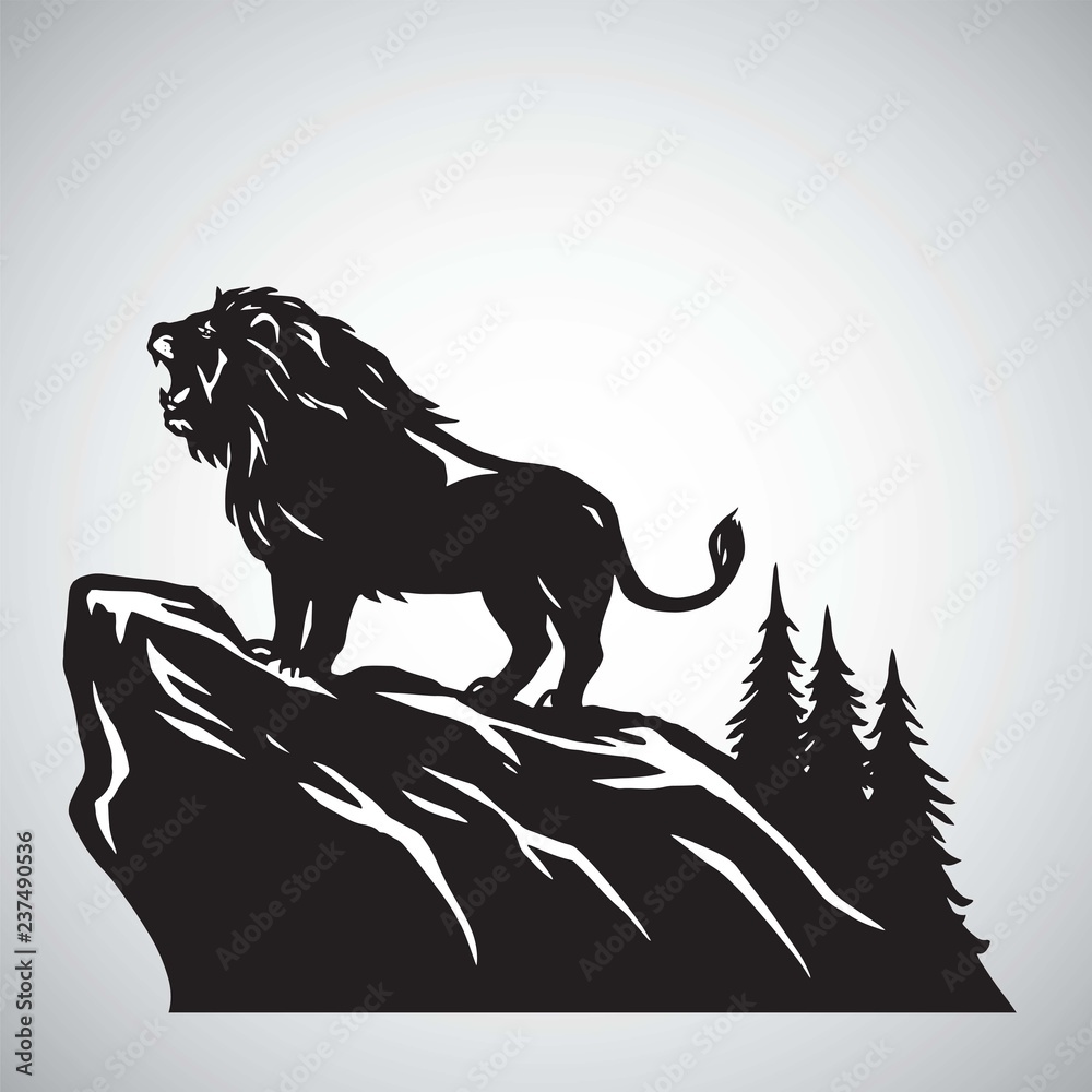 Obraz premium Wild Lion Snarling Roaring on a Hill. Vector Illustration Logo Design