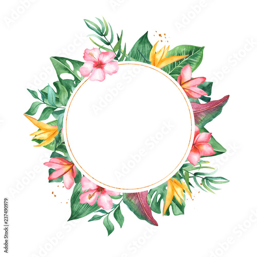 Watercolor frame with tropical leaves and flowers, watercolor stains. Golden, round, polygonal pattern for cards, invitations, wedding and summer designs. © MarinaErmakova