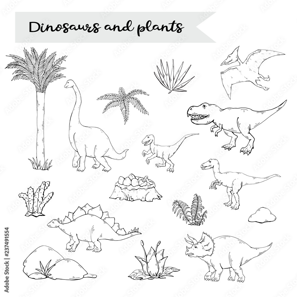 Fototapeta premium Dinosaurus set with plant isolated on a white background.