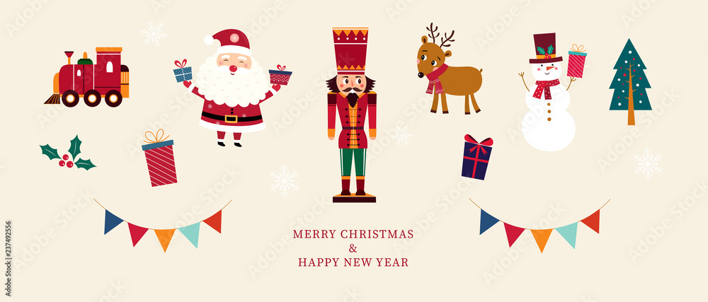Christmas banner with holiday symbols and toys