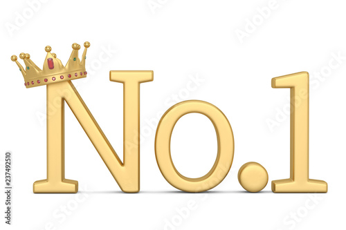 Golden no 1 text with crown isolated on white background 3D illustration. photo