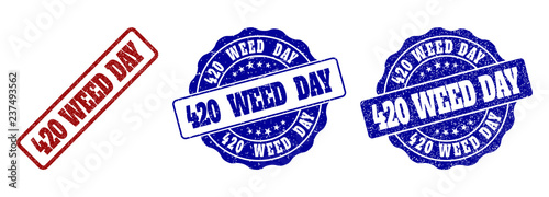 420 WEED DAY grunge stamp seals in red and blue colors. Vector 420 WEED DAY labels with distress effect. Graphic elements are rounded rectangles, rosettes, circles and text labels.
