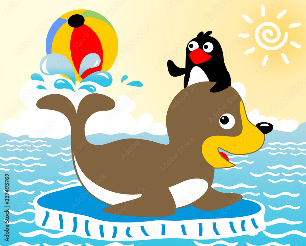 Seal and penguin cartoon playing ball in the sea