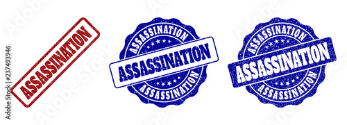 ASSASSINATION grunge stamp seals in red and blue colors. Vector ASSASSINATION imprints with grunge texture. Graphic elements are rounded rectangles, rosettes, circles and text labels.