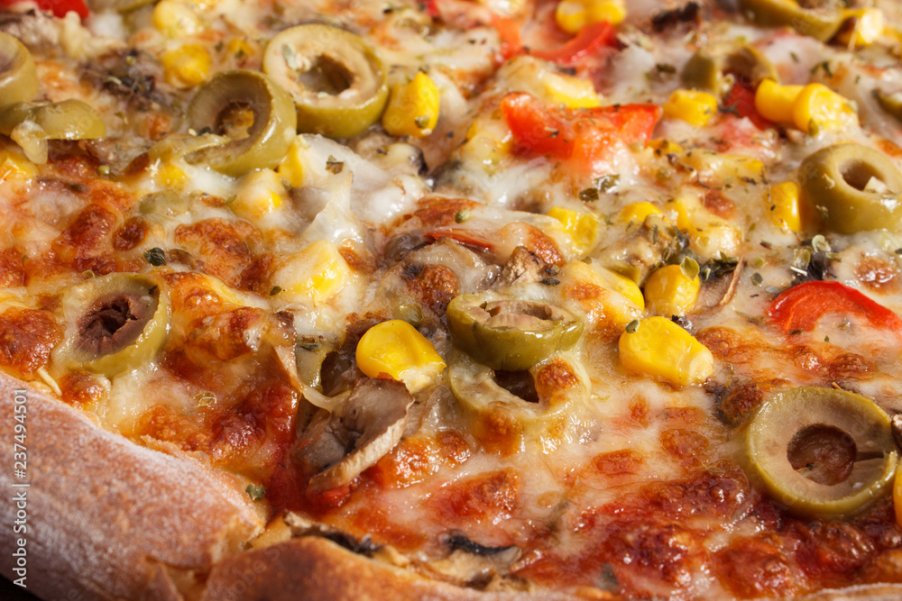 Vegetarian pizza with vegetables, concept of fast food Vegetarian pizza with vegetables, concept of fast food