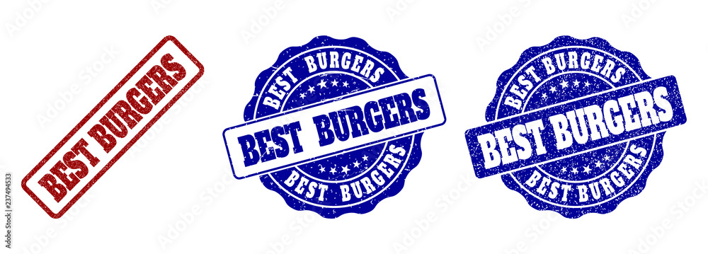 BEST BURGERS grunge stamp seals in red and blue colors. Vector BEST BURGERS imprints with grunge effect. Graphic elements are rounded rectangles, rosettes, circles and text titles.