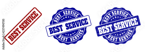 BEST SERVICE grunge stamp seals in red and blue colors. Vector BEST SERVICE signs with grunge texture. Graphic elements are rounded rectangles, rosettes, circles and text tags.