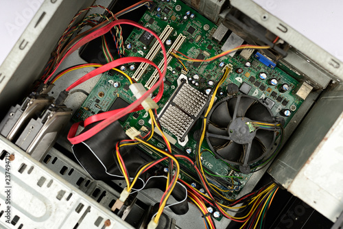 Electronic circuit Board known as a Motherboard in a desktop CPU in a PC.