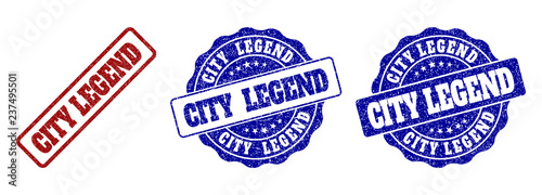 CITY LEGEND grunge stamp seals in red and blue colors. Vector CITY LEGEND marks with draft surface. Graphic elements are rounded rectangles, rosettes, circles and text tags.