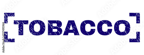 TOBACCO text seal watermark with corroded style. Text label is placed between corners. Blue vector rubber print of TOBACCO with corroded texture.
