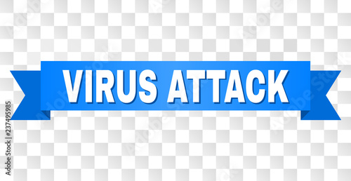 VIRUS ATTACK text on a ribbon. Designed with white title and blue stripe. Vector banner with VIRUS ATTACK tag on a transparent background.