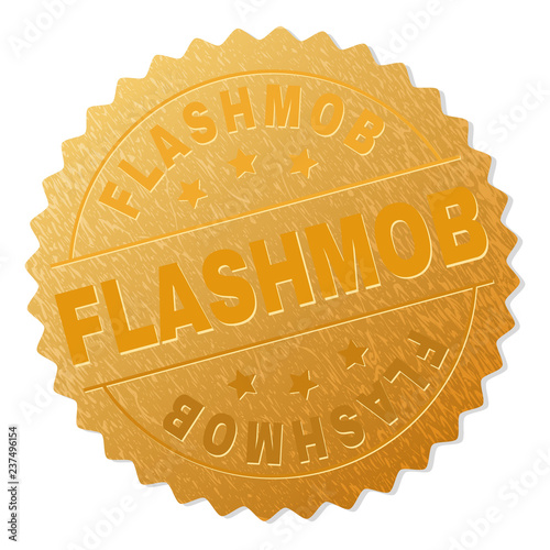 FLASHMOB gold stamp award. Vector gold award with FLASHMOB text. Text labels are placed between parallel lines and on circle. Golden surface has metallic texture.