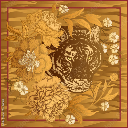 Wallpaper Mural Print with animal tiger and flowers peonies. Torontodigital.ca