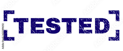 TESTED title seal print with corroded style. Text title is placed between corners. Blue vector rubber print of TESTED with unclean texture.