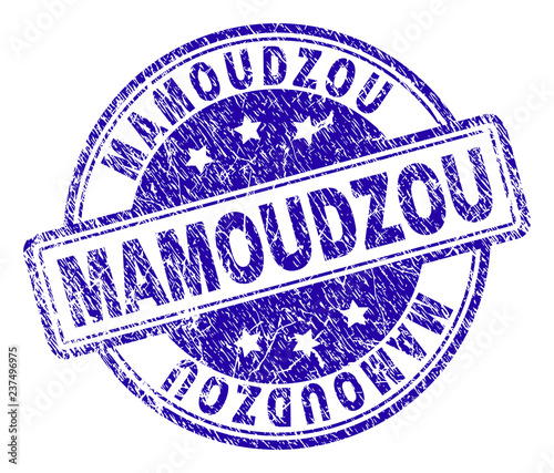 MAMOUDZOU stamp seal imprint with grunge texture. Designed with rounded rectangles and circles. Blue vector rubber print of MAMOUDZOU tag with scratched texture.