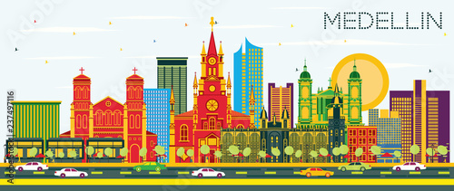 Medellin Colombia City Skyline with Color Buildings and Blue Sky.