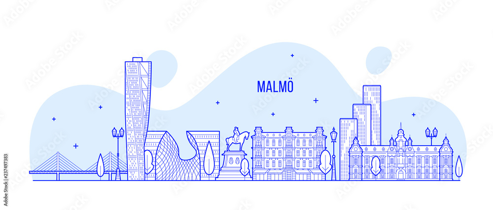 Fototapeta Malmo panoramę Szwecji miasto budynków wektor liniowy