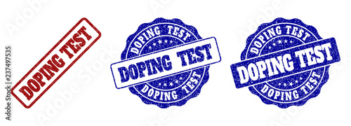DOPING TEST grunge stamp seals in red and blue colors. Vector DOPING TEST marks with grunge texture. Graphic elements are rounded rectangles, rosettes, circles and text captions.
