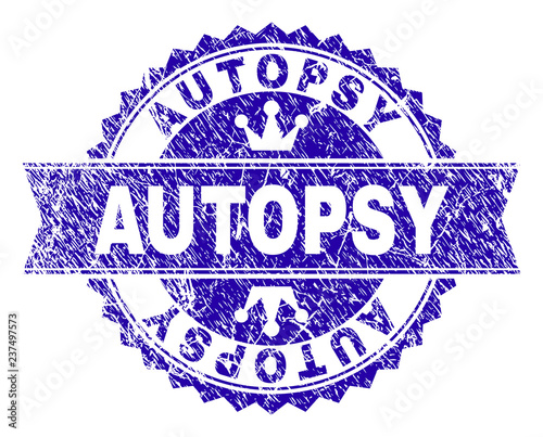 AUTOPSY rosette stamp seal imprint with distress style. Designed with round rosette, ribbon and small crowns. Blue vector rubber print of AUTOPSY label with dust style.