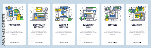 Web site onboarding screens. Online shopping and customer review. Shop rating and client feedback. Menu vector banner template for website and mobile app development. Modern design linear art flat