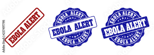 EBOLA ALERT grunge stamp seals in red and blue colors. Vector EBOLA ALERT imprints with grunge effect. Graphic elements are rounded rectangles, rosettes, circles and text captions.