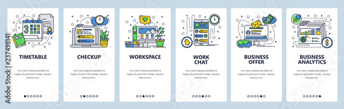 Web site onboarding screens. Office workplace, business analytics, deadline and work chat. Menu vector banner template for website and mobile app development. Modern design linear art flat