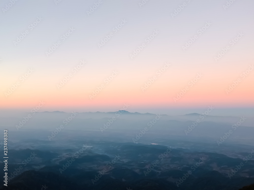 Sunrise in the area of the mountain peaks in North of Thailand.