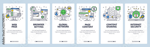 Web site onboarding screens. Internet browser, global network and content sharing. Menu vector banner template for website and mobile app development. Modern design linear art flat illustration.