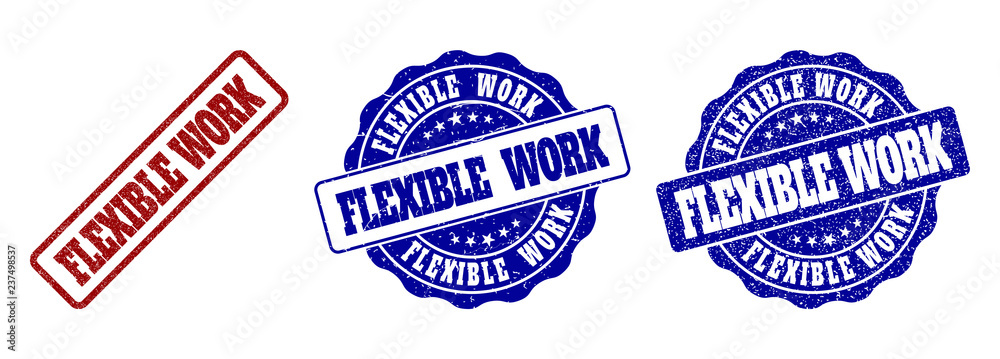 FLEXIBLE WORK grunge stamp seals in red and blue colors. Vector FLEXIBLE WORK imprints with grunge effect. Graphic elements are rounded rectangles, rosettes, circles and text titles.
