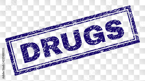 DRUGS stamp seal print with rubber print style and double framed rectangle shape. Stamp is placed on a transparent background. Blue vector rubber print of DRUGS caption with corroded texture.