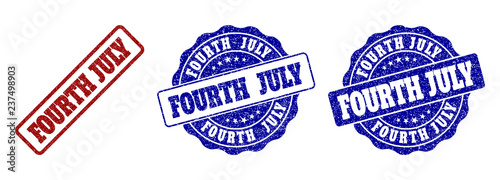 FOURTH JULY scratched stamp seals in red and blue colors. Vector FOURTH JULY labels with dirty effect. Graphic elements are rounded rectangles, rosettes, circles and text titles.
