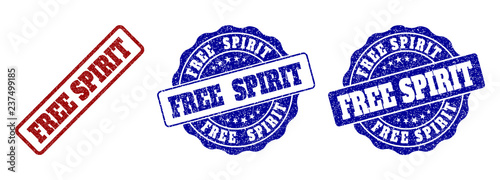 FREE SPIRIT grunge stamp seals in red and blue colors. Vector FREE SPIRIT imprints with grunge texture. Graphic elements are rounded rectangles, rosettes, circles and text tags.