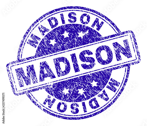 MADISON stamp seal imprint with distress texture. Designed with rounded rectangles and circles. Blue vector rubber print of MADISON caption with grunge texture.