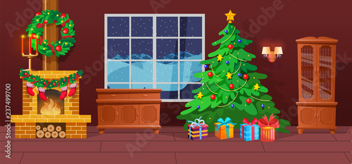 Festive interior of Christmas room on eve happy new year.