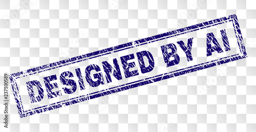 DESIGNED BY AI stamp seal watermark with rubber print style and double framed rectangle shape. Stamp is placed on a transparent background.