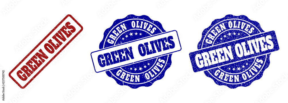 GREEN OLIVES grunge stamp seals in red and blue colors. Vector GREEN OLIVES signs with grunge texture. Graphic elements are rounded rectangles, rosettes, circles and text titles.