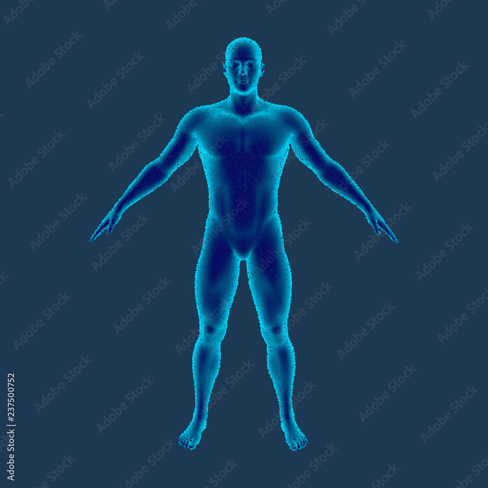 Standing man. Isolated on blue background. Vector illustration. Pointillism style.