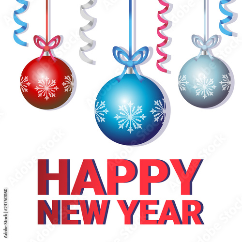 happy new year merry christmas concept winter holiday balls decoration inscription flat isolated